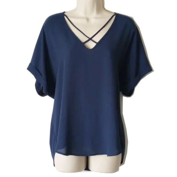 Lush Tops - NWOT Lush V-Neck Chiffon Blouse S Blue Strappy Detail Cuffs - 50off3